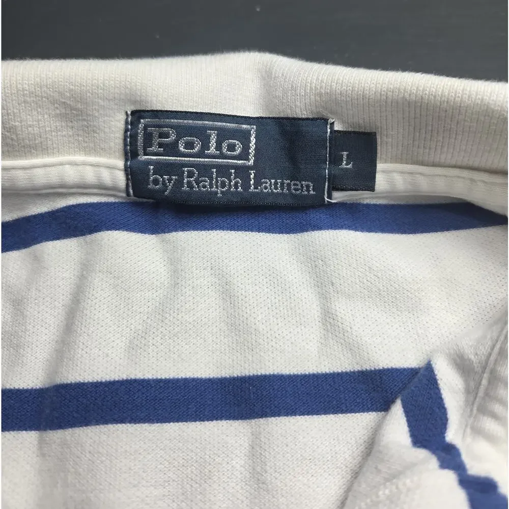 Polo Ralph Lauren Mens Large White Blue Striped Pony Polo Shirt Cotton Classic
